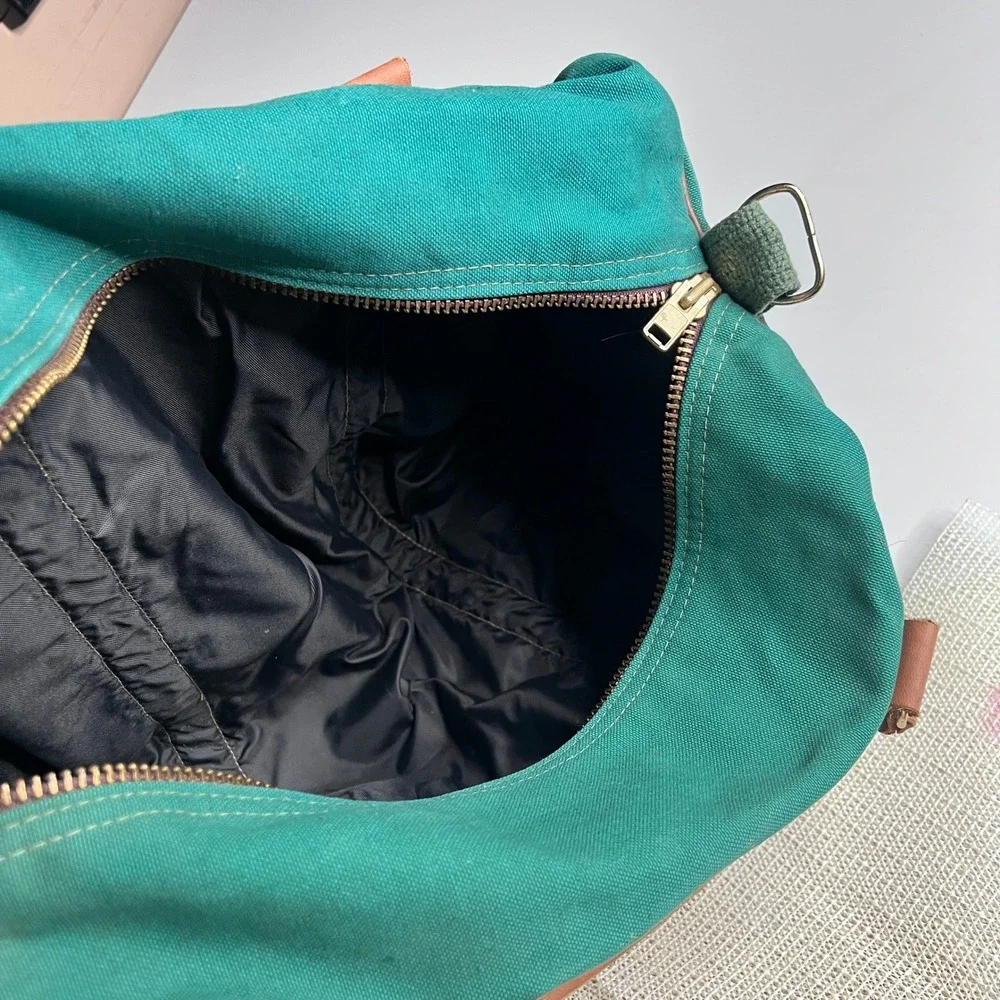 Vintage Crafted With Pride Green Canvas Leather Duffel Bag USA Made Weekender